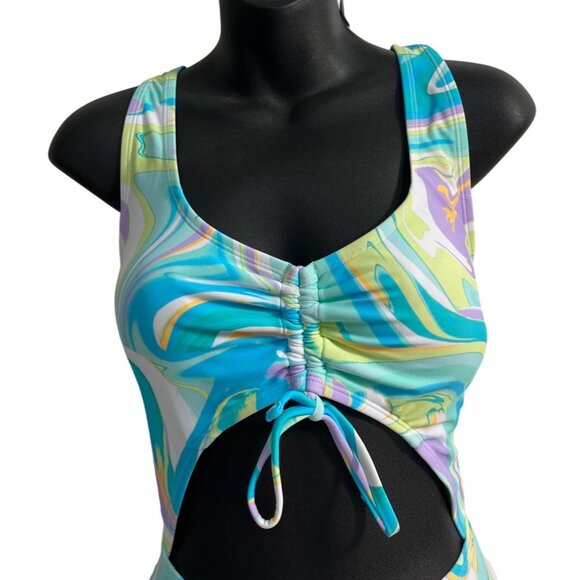 Ninety-Nine Blue Multicolor pattern Ruched Front Cutout One-Piece Swimsuit Sz L - Picture 2 of 8